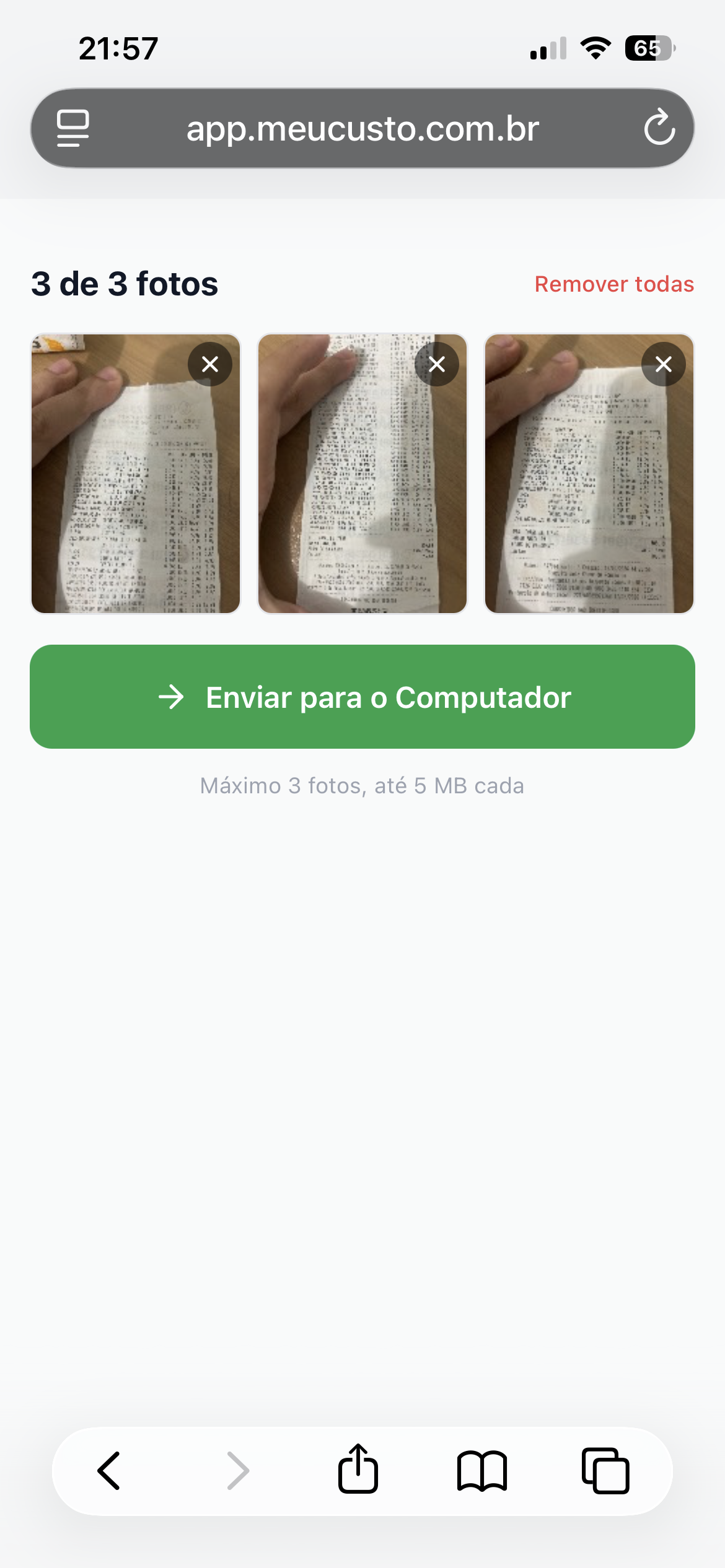 Tela do celular mostrando 1 de 3 fotos de cupom fiscal já capturadas, com botão verde 'Enviar para o Computador'