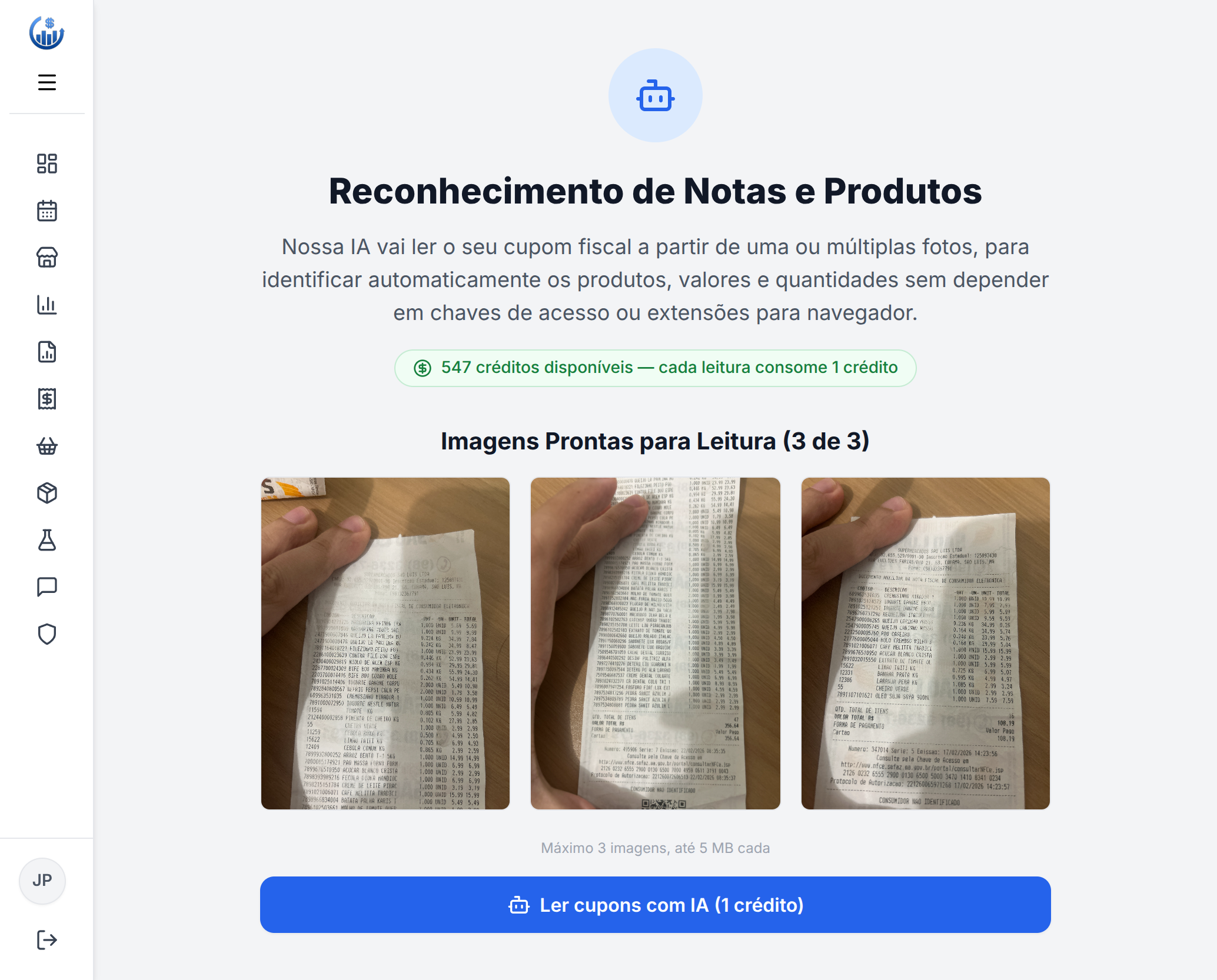 Tela do PC com a etapa de Reconhecimento de Notas e Produtos, exibindo as imagens prontas para leitura por IA